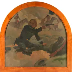 American School, Custer's Last Stand Oil on Masonite, unsigned, framed, 46" x 47 1/2" sight size, 54" x 55" frame size.