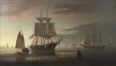 Johan Petersen, Boston Harbor Scene, oil on canvas in later gilt frame