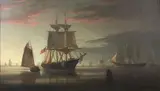 Johan Petersen, Boston Harbor Scene, oil on canvas in later gilt frame