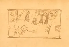 William Merritt Chase, Woodland Scene II, pencil on paper, matted and framed