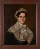 A Pair of Spouse Portraits by American School, Oil on canvas later mounted to board and refinished, in matching mitered frames, sold Jan 2025
