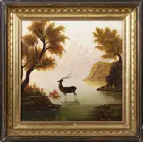 A Woodland Pond with a Deer by American School, oil on artist's board in a parcel-gilt and grain-pointed frame, sold Jan 2025