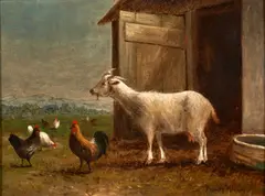 Barnyard with Chickens and a Goat by Wesley Elbridge Webber, oil on canvas, offered Jan 2025