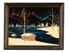 Bob Ross, Cabin By a Lake with Northern Lights, 1968, oil and glitter on velvet laid on board