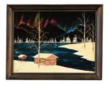 Bob Ross, Cabin By a Lake with Northern Lights, 1968, oil and glitter on velvet laid on board