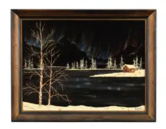 Bob Ross, Lake with Distant Cabin and Northern Lights, 1968, oil on velvet laid down on board