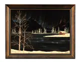 Bob Ross, Lake with Distant Cabin and Northern Lights, 1968, oil on velvet laid down on board