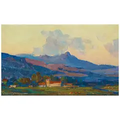 California Mission, San Juan Bautista by Frank Tenney Johnson, oil on Masonite, sold Nov 2025