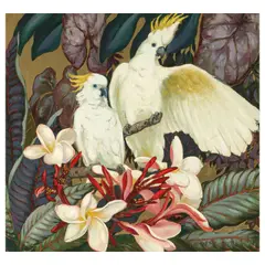 Jessie Arms Botke, Cockatoos and Plumeria, oil and gold leaf on Masonite