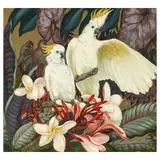 Jessie Arms Botke, Cockatoos and Plumeria, oil and gold leaf on Masonite