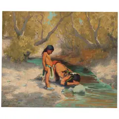 Waiting to Drink at the Stream (Waiting His Turn) by E. Irving Couse, 1914, oil on canvas, sold Nov 2025