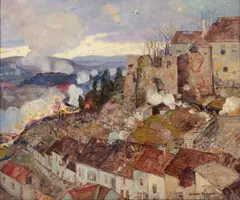 Rhine Village Under Siege by George Gardner Symons, oil on canvas, sold Apr 2025