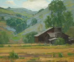 William Wendt, Hillside Wildflowers with Barn, oil on canvas