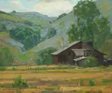 William Wendt, Hillside Wildflowers with Barn, oil on canvas