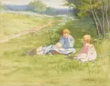 Three Children in a Field of Flowers by Marion Wachtel, watercolor on paper, offered Aug 2025