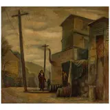 American School, Street Scene with Two Figures, oil on Masonite