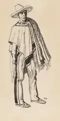 Costume Sketch: Man with Poncho (Tucson circa 1860-1880) by Maynard Dixon, circa 1944, ink and white highlights on paper, sold Aug 2025