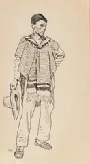 Costume Sketch: Peon (Tucson circa 1860-1880) by Maynard Dixon, pen and white highlights on paper, sold Aug 2025