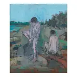 John Heliker, Rocky Shore Landscape with Two Bathers, oil on canvas