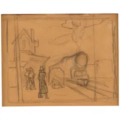 Train Station by Thomas Hart Benton, graphite on paper, sold Aug 2025