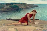 Leon Kroll, Woman Reading on Rocks, 1965, oil on canvas