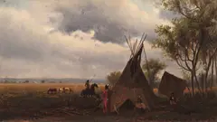 Landscape with Teepee and Indians by Worthington Whittredge, oil on canvas, offered Apr 2025