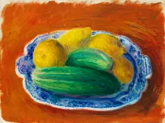 William James Glackens, Cucumbers and Lemons in Blue Platter, oil on canvas laid down on board