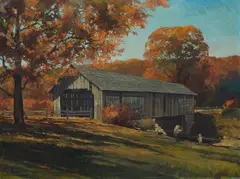 Eric Sloane, Covered Bridge with Figures, oil on Masonite