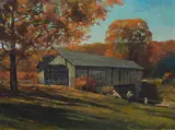 Eric Sloane, Covered Bridge with Figures, oil on Masonite