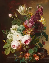 Christiaan van Pol, Still Life with a Vase of Flowers and a Bird's Nest on a Ledge, oil on canvas