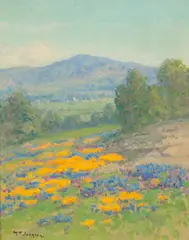 William Franklin Jackson, Poppies and Lupine in Bloom, oil on canvas laid to board