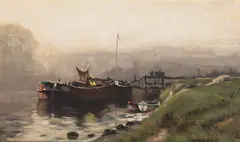 Ludmilla Welch, Barge and Pier, oil on paper