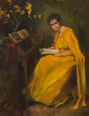 The Yellow Gown by Mary Curtis Richardson, oil on canvas laid to board, offered Dec 2024