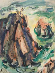 Fishing off the Rocks by Philip Latimer Dike, watercolor, gouache and ink on paper, sold Dec 2024