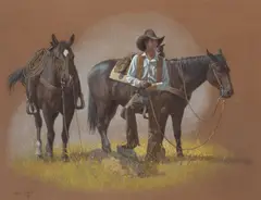 Wayne Baize, Cowboy with Two Horses, mixed media on paperboard