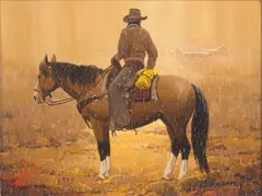 Rainy Day Cowboy by George Dee Smith, oil on panel, sold Dec 2024