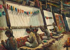 Cyrus Afsary, Weavers, oil on canvas laid to board