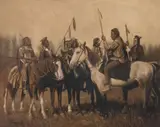 Joseph Henry Sharp, Council of the Crow, oil on board en grisaille