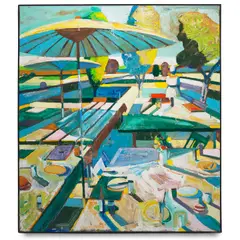 Roland Petersen, Picnic Tables with Two Parasols (September Luncheon), circa 1967, oil and Rhoplex on canvas
