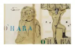 Larry Rivers, Cover for Collected Works of Frank O'Hara, 1972, colored pencil, graphite and printed paper collage on vellum on paper mounted on card