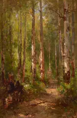 A Forest Path by Thomas Hill, oil on paper laid to board, sold Aug 2024