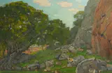 William Wendt, Trees Beneath Rock Cliffs, oil on canvas