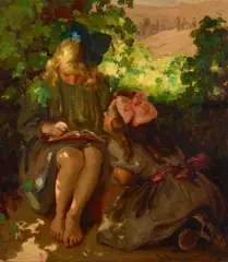 Jean Mannheim, The Fairy Tale (Jeanne and Eunie Mannheim Reading in the Garden), 1910, oil on canvas
