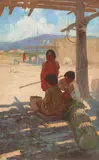 Oscar E. Berninghaus, Figures at the Pueblo, oil on canvas