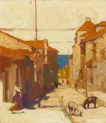 Figure in a Seaside Village by Maurice Logan, oil on board, offered Apr 2024