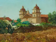 Theodore Wores, Santa Barbara Mission, oil on board