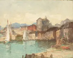 Maurice Braun, Waterfront Buildings, oil on canvas
