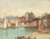 Maurice Braun, Waterfront Buildings, oil on canvas