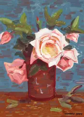 Conrad Buff, Pink Roses in a Vase, oil on board