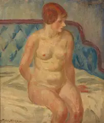 John Sloan, Nude Seated on Couch Bed, oil on board